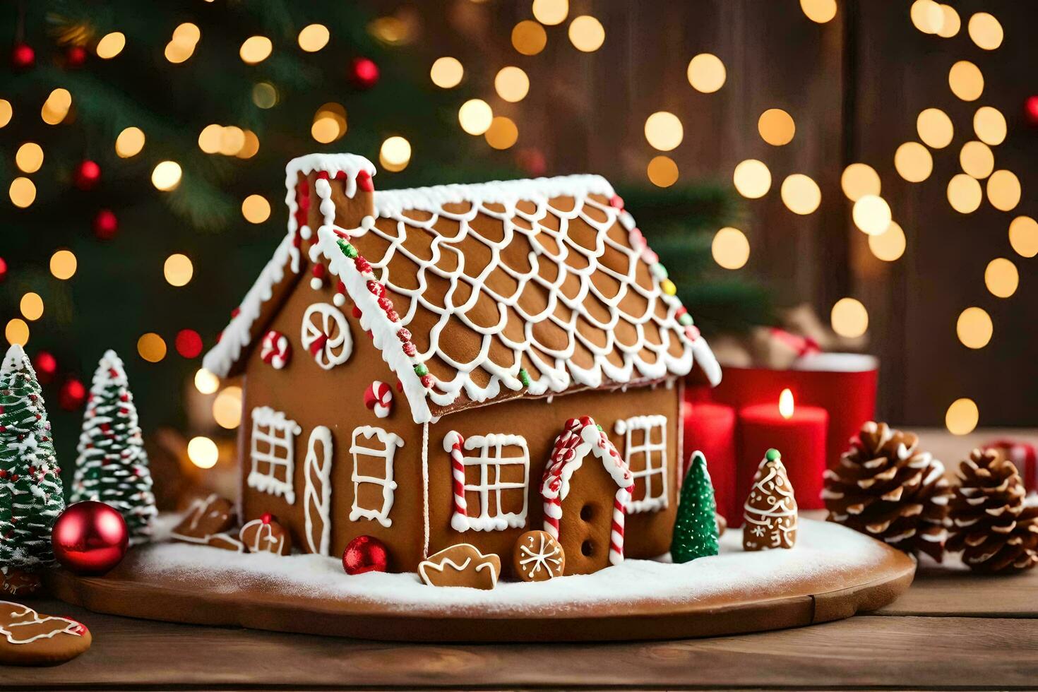 a ginger house with christmas decorations on a wooden table. AI-Generated photo