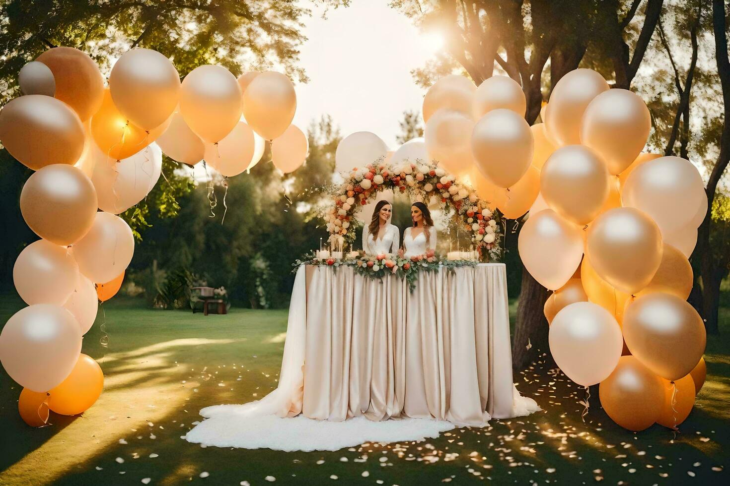 two women standing under a large arch of balloons. AI-Generated photo