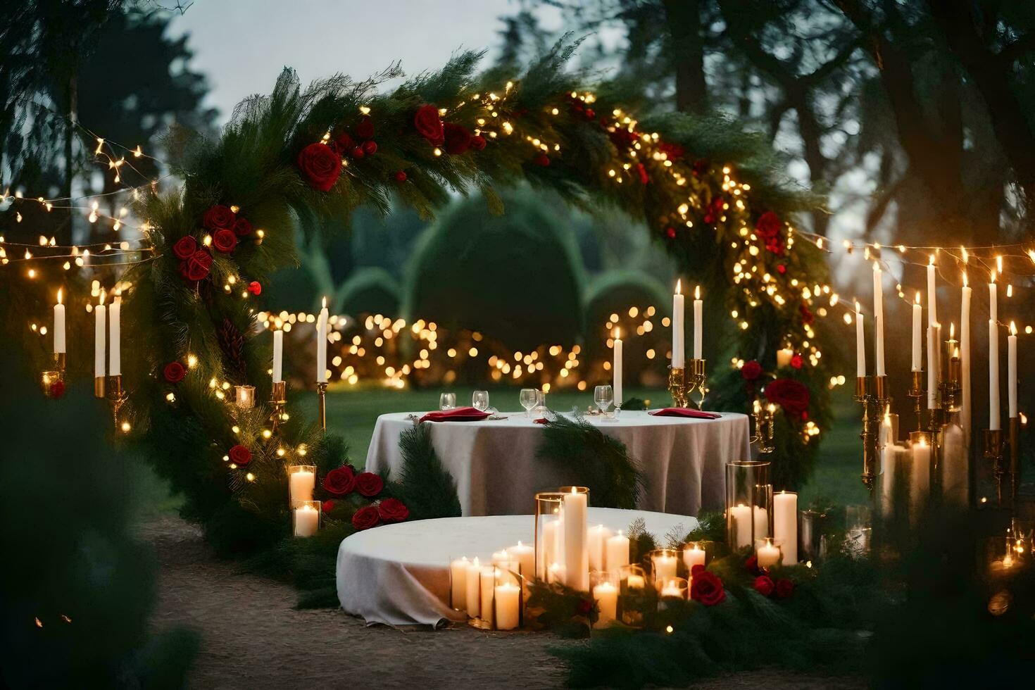 a wedding ceremony is set up with candles and greenery. AI-Generated photo