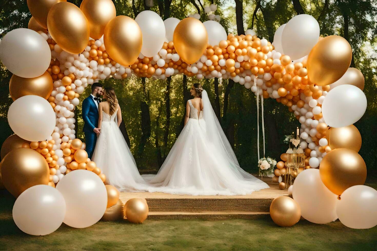 wedding couple in the garden with gold balloons. AI-Generated photo
