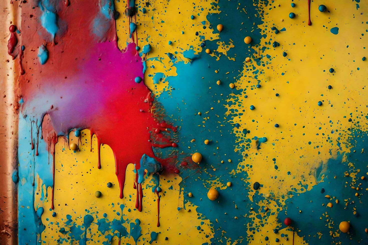 a colorful wall with paint splatters and paint. AI-Generated photo