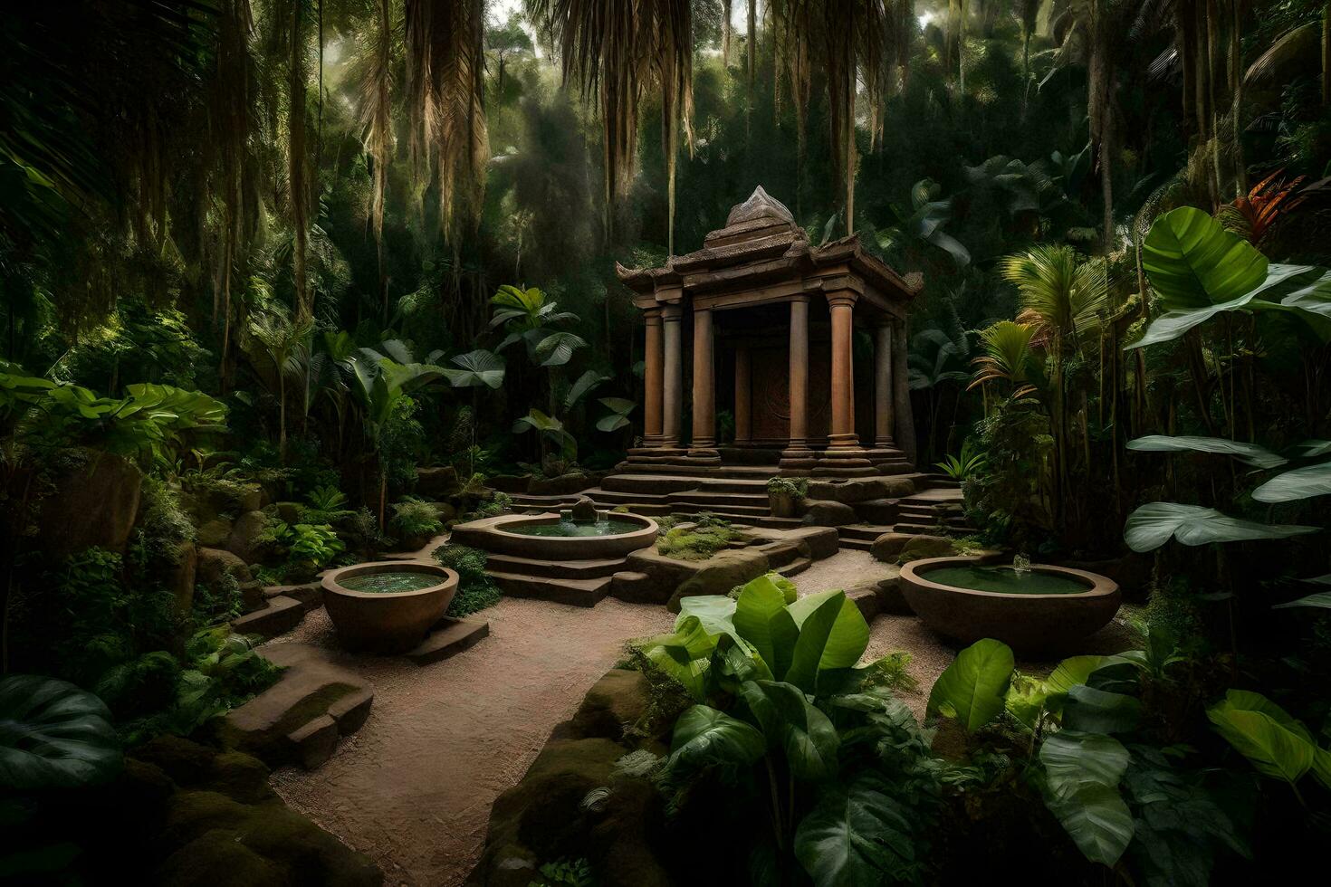 a temple in the jungle with plants and trees. AI-Generated photo