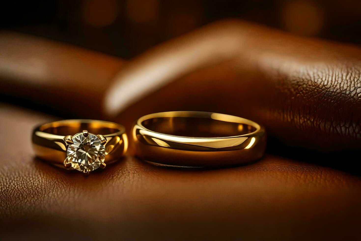 two gold wedding rings on a leather couch. AI-Generated photo