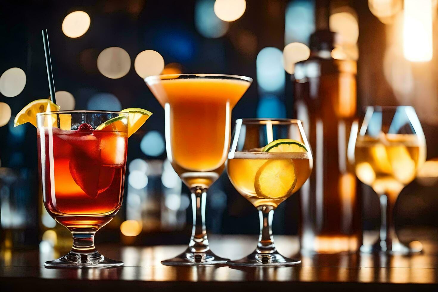 varios alcohólico bebidas son forrado arriba en un bar. generado por ai foto