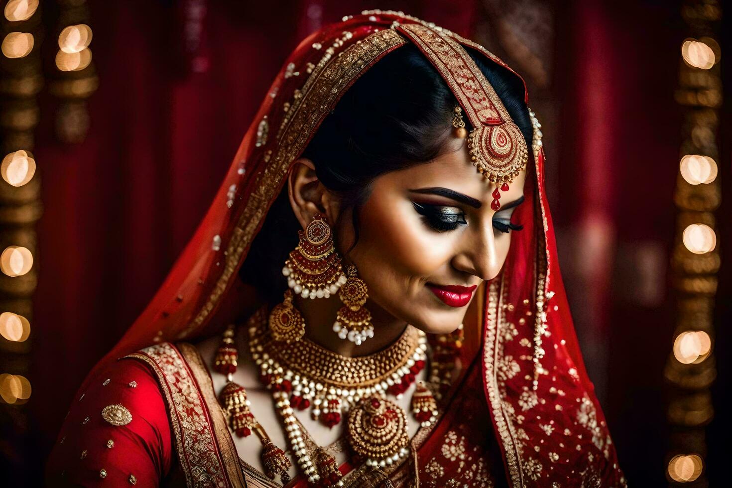 a beautiful bride in red and gold. AI-Generated photo