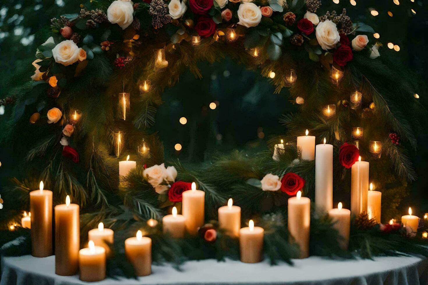 a wreath of candles and greenery is surrounded by candles. AI-Generated photo