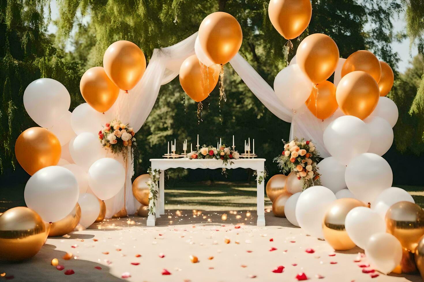 gold and white balloons and white table decorations. AI-Generated photo