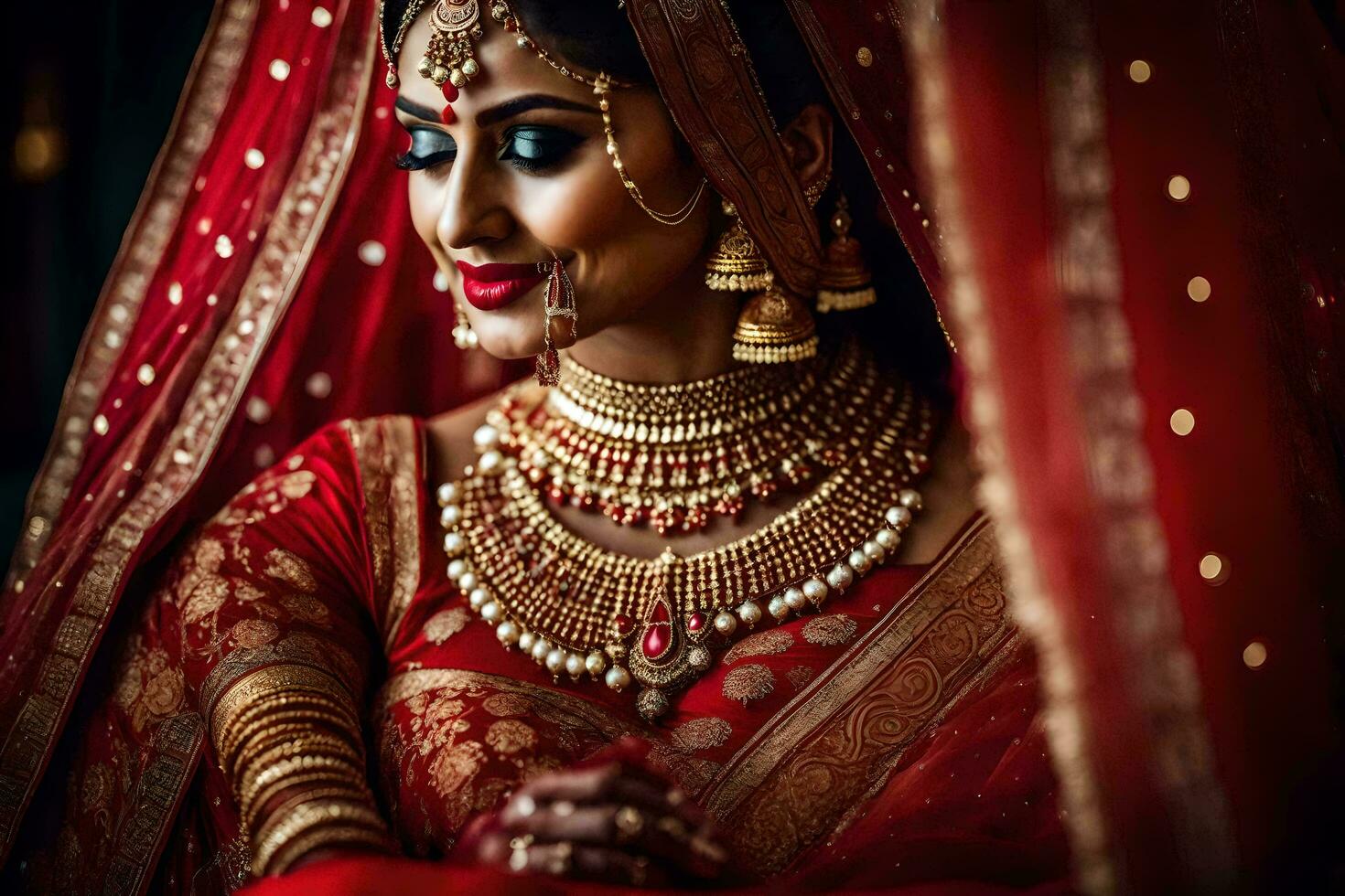 a beautiful indian bride in red and gold. AI-Generated photo