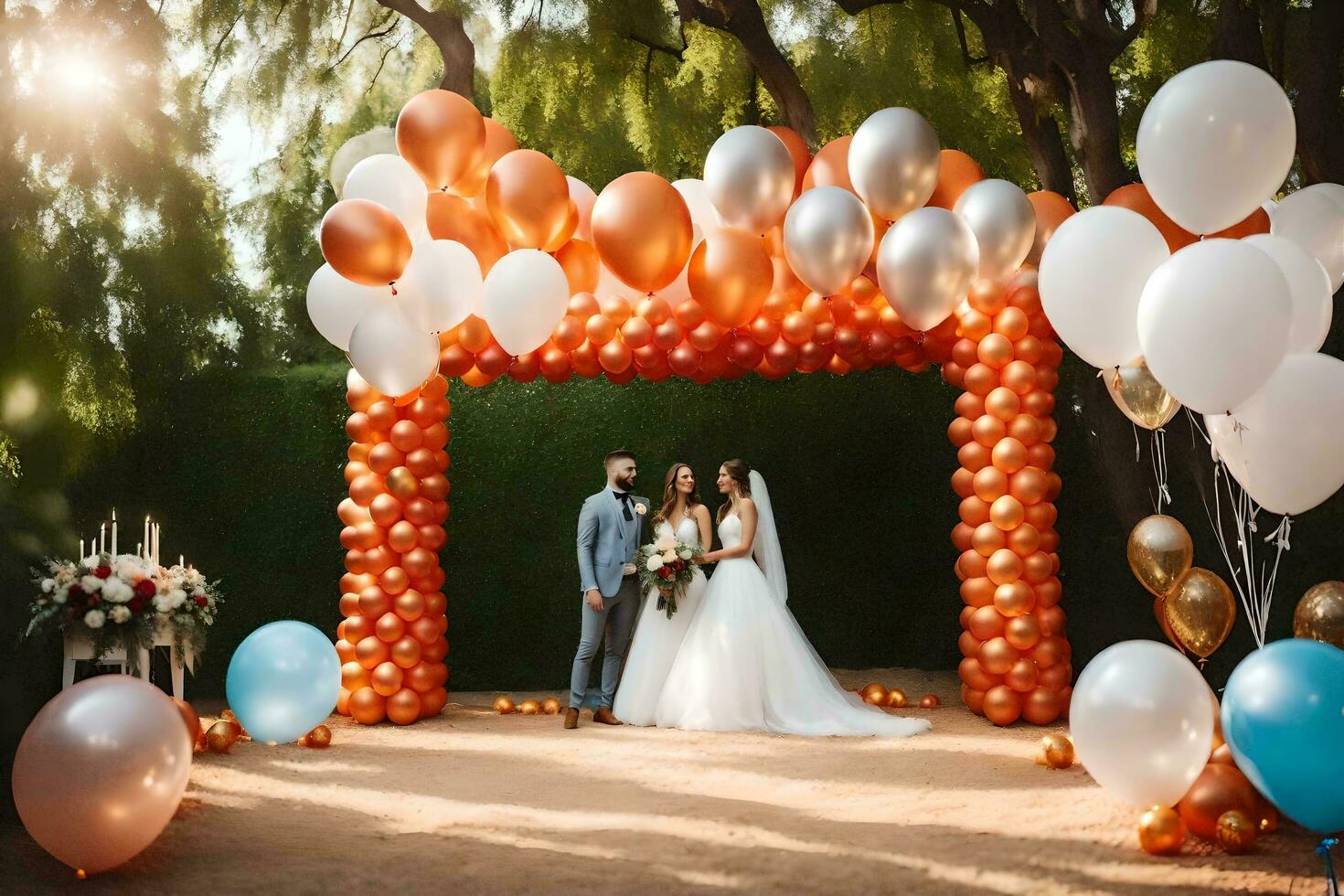 a bride and groom standing under an arch of balloons. AI-Generated photo