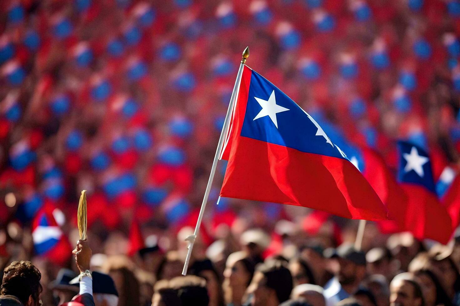 a crowd of people waving flags in a stadium. AI-Generated photo