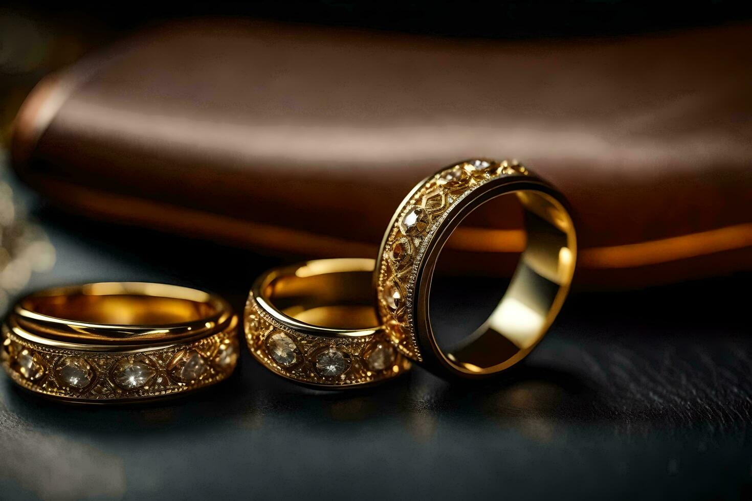 oro Boda anillos en un cuero mesa. generado por ai foto