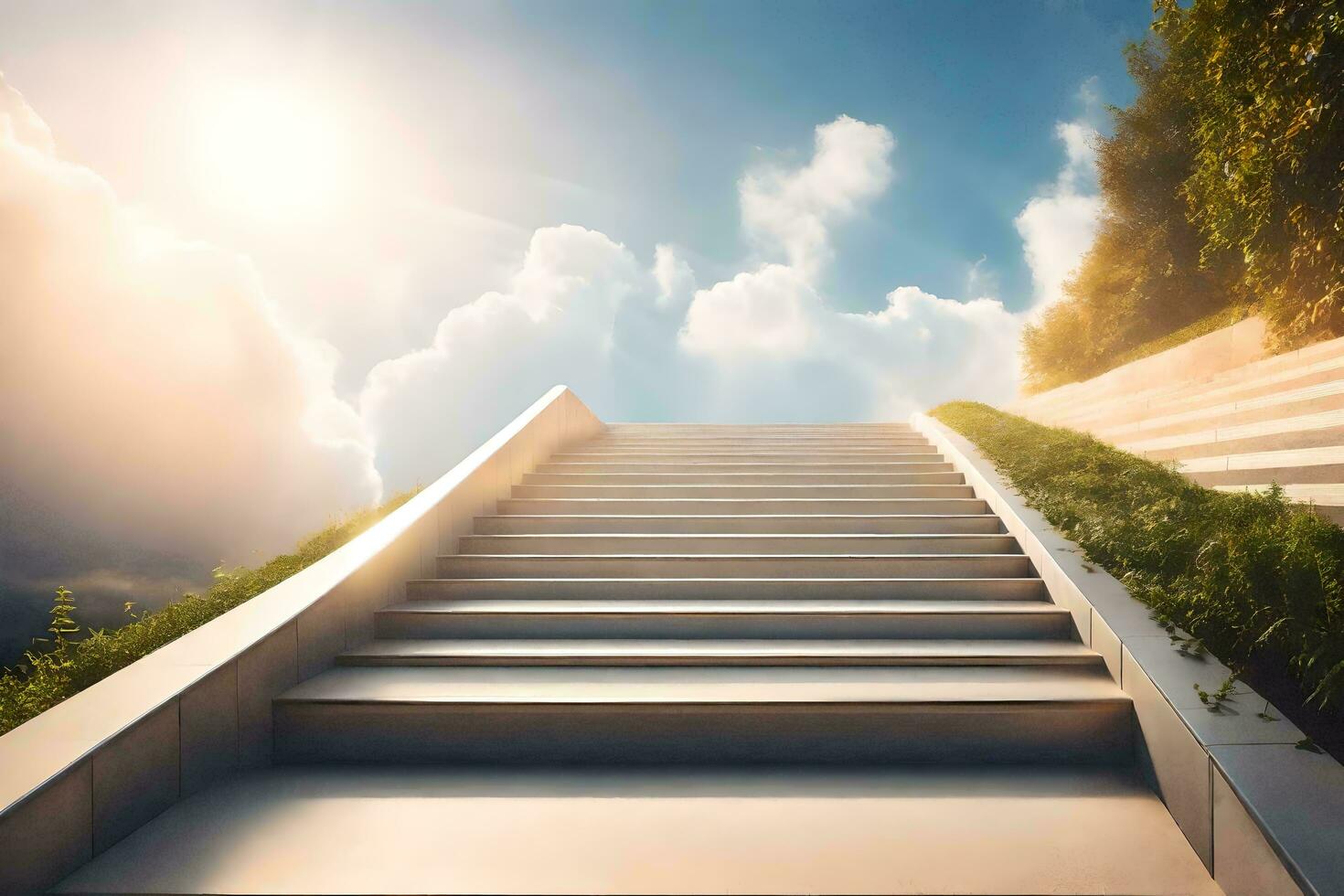 stairs leading up to a sky filled with clouds. AI-Generated photo