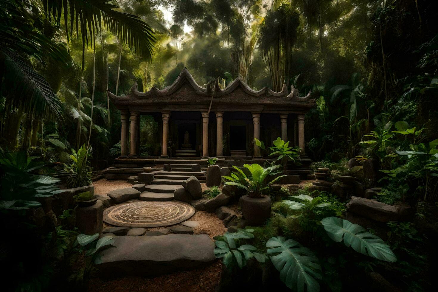 un pequeño templo en el medio de un selva. generado por ai foto