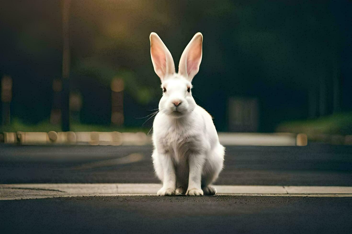 white rabbit sitting on the road in the dark. AI-Generated photo