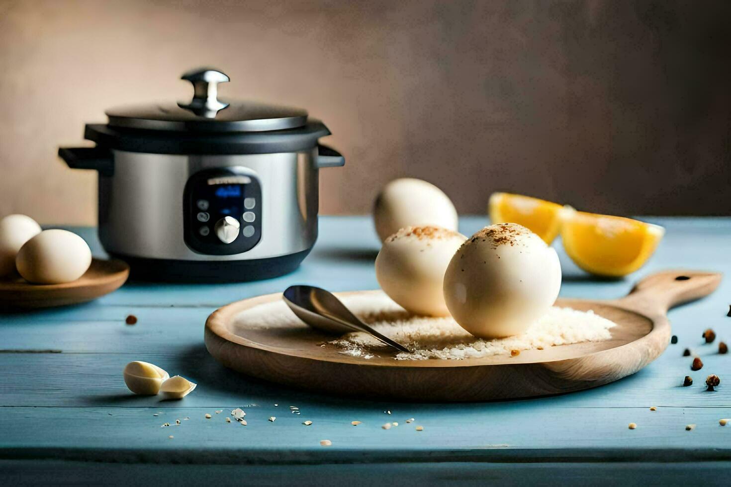 eggs on a wooden board next to an instant pot. AI-Generated photo