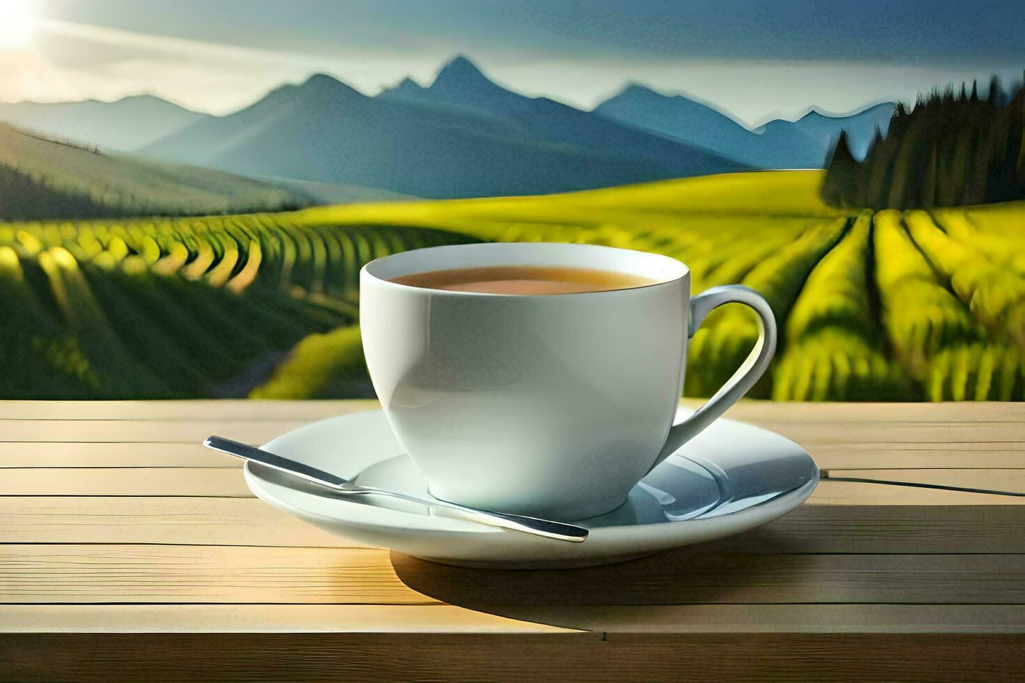 a cup of tea on a table in the mountains. AI-Generated photo