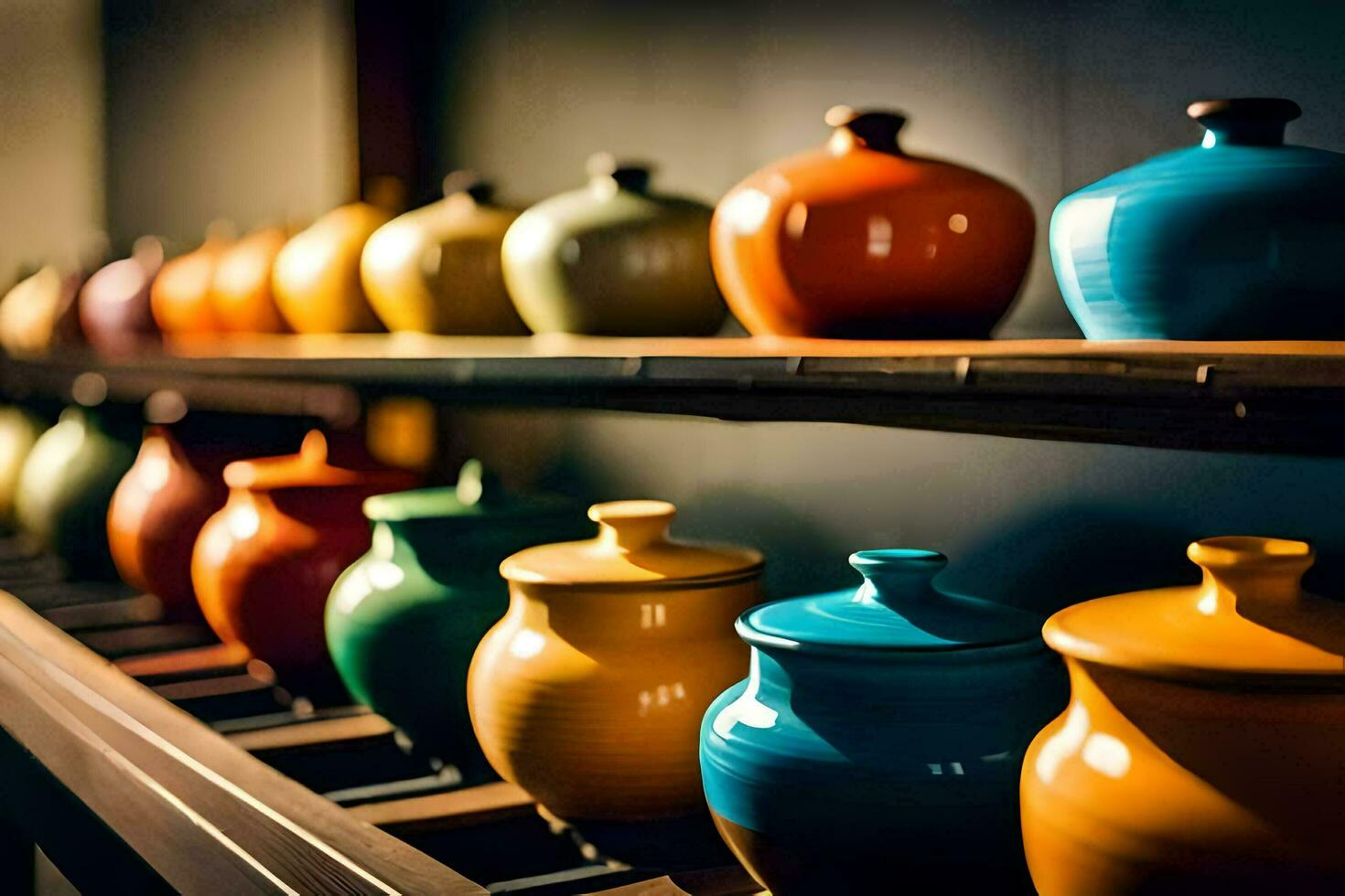 colorful jars on a shelf in a room. AI-Generated photo