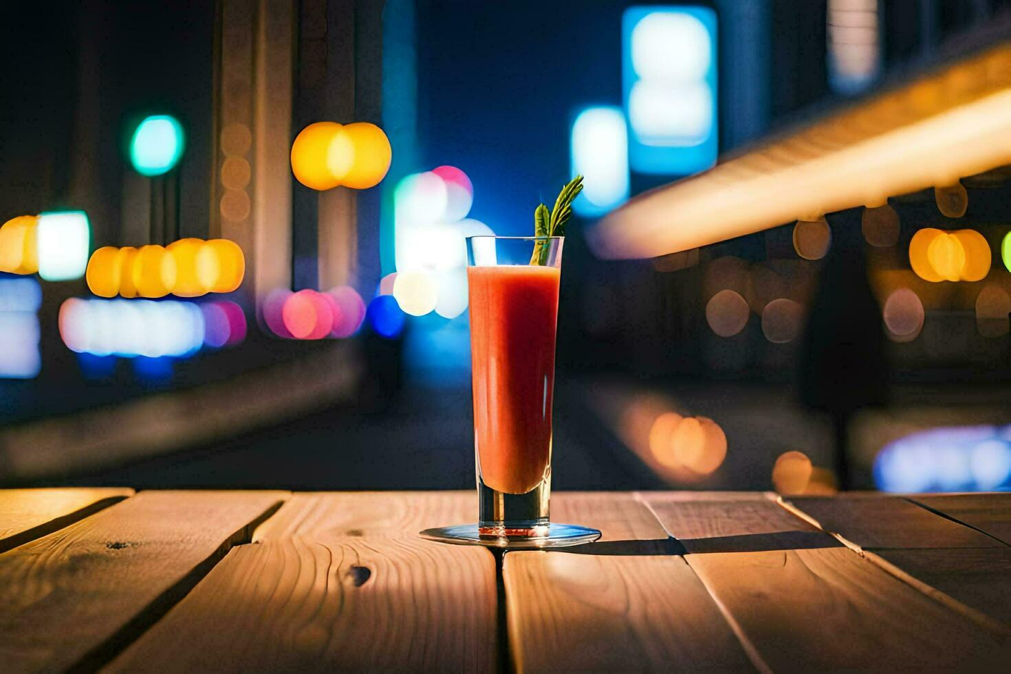a cocktail sitting on a table in front of a city at night. AI-Generated photo