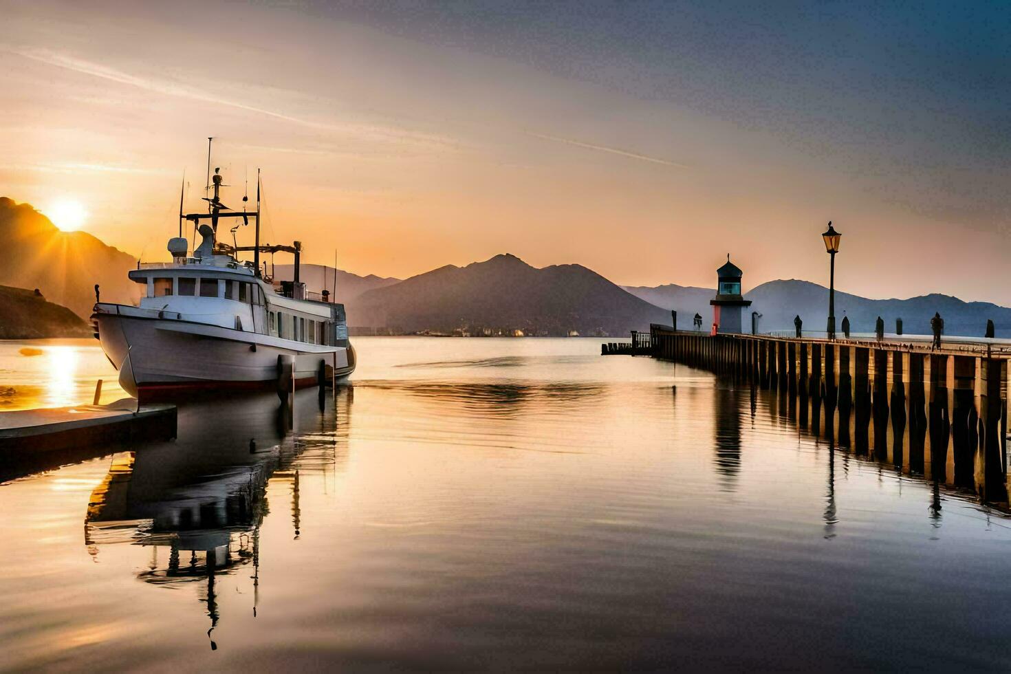 a boat docked at the pier at sunset. AI-Generated photo