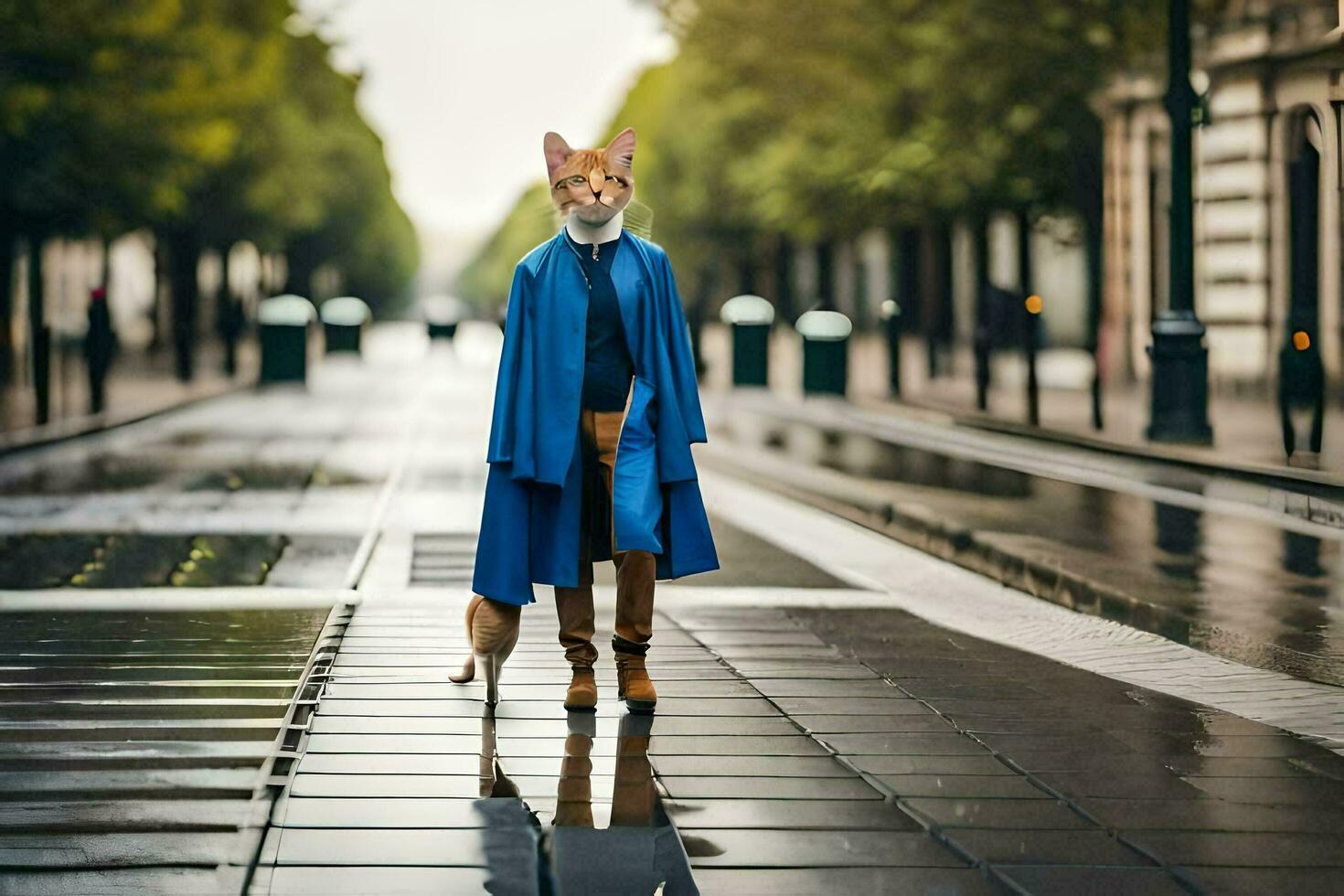a fox in a blue coat and boots walking on a wet street. AI-Generated photo