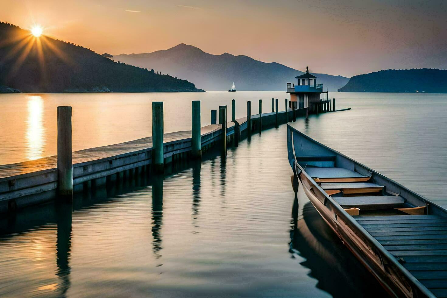 a boat docked at the end of a pier at sunset. AI-Generated photo