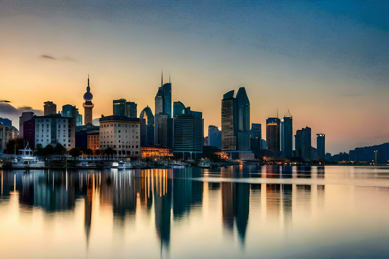 the city skyline is reflected in the water at sunset. AI-Generated photo