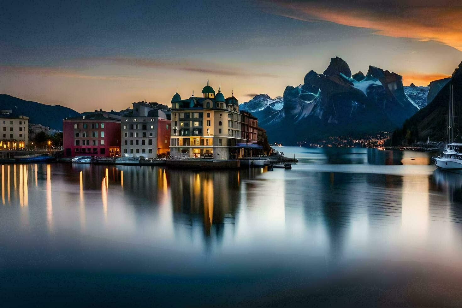 foto fondo de pantalla el cielo, montañas, lago, edificios, el ciudad, el paisaje urbano, el. generado por ai