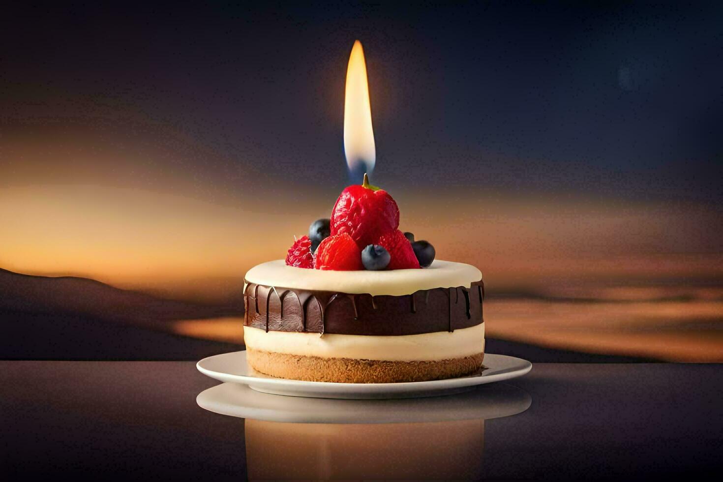 a small cake with berries and a candle. AI-Generated photo