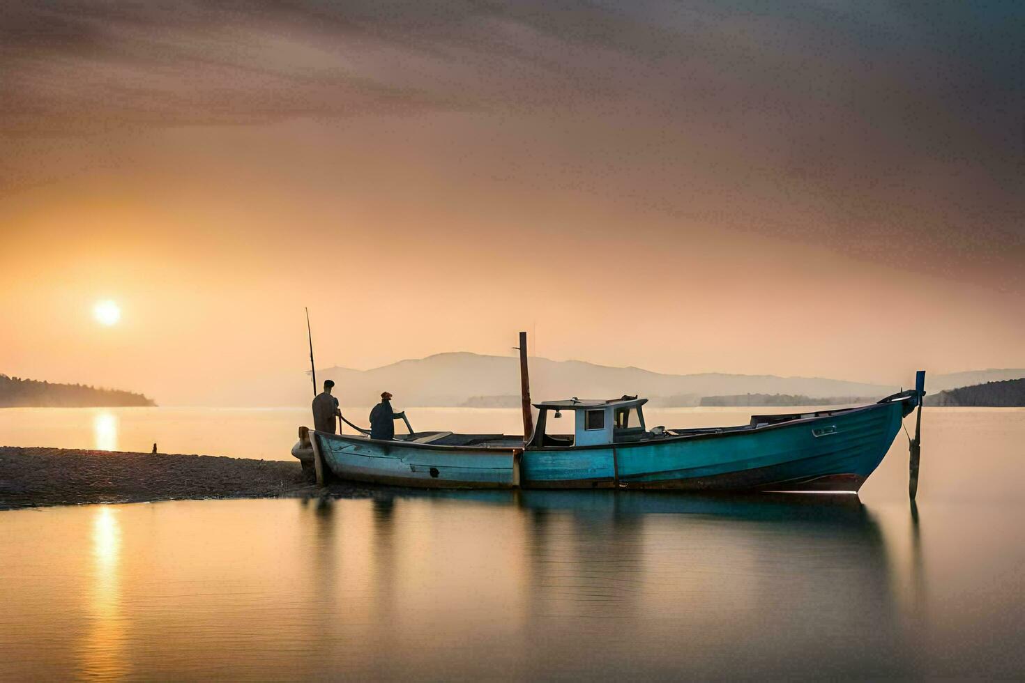 two people stand on the shore of a lake at sunset. AI-Generated photo