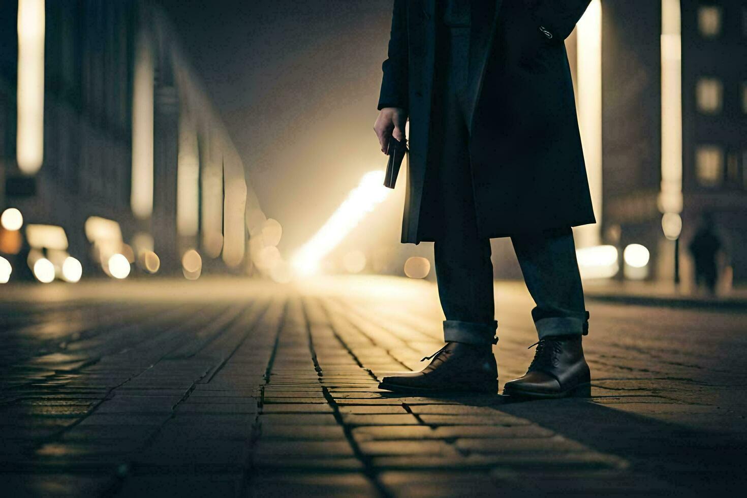 a man in a coat standing on a street at night. AI-Generated photo