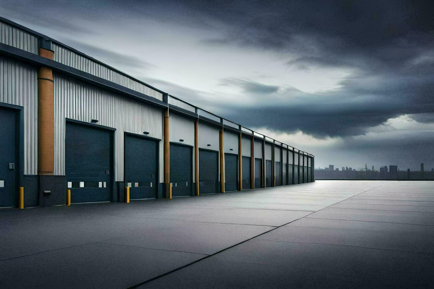 a large warehouse with dark clouds in the background. AI-Generated photo
