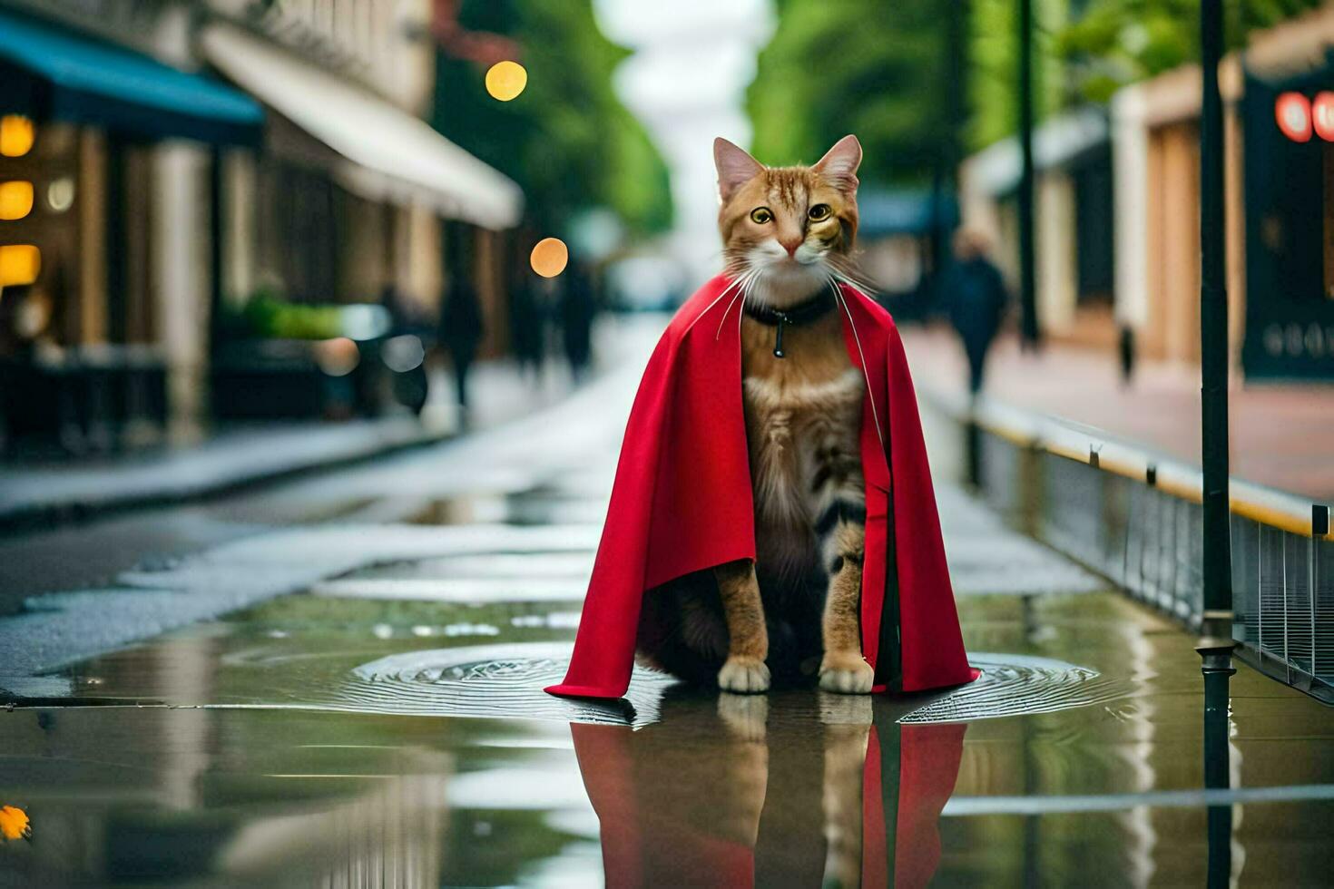 a cat wearing a red cape on a street. AI-Generated photo