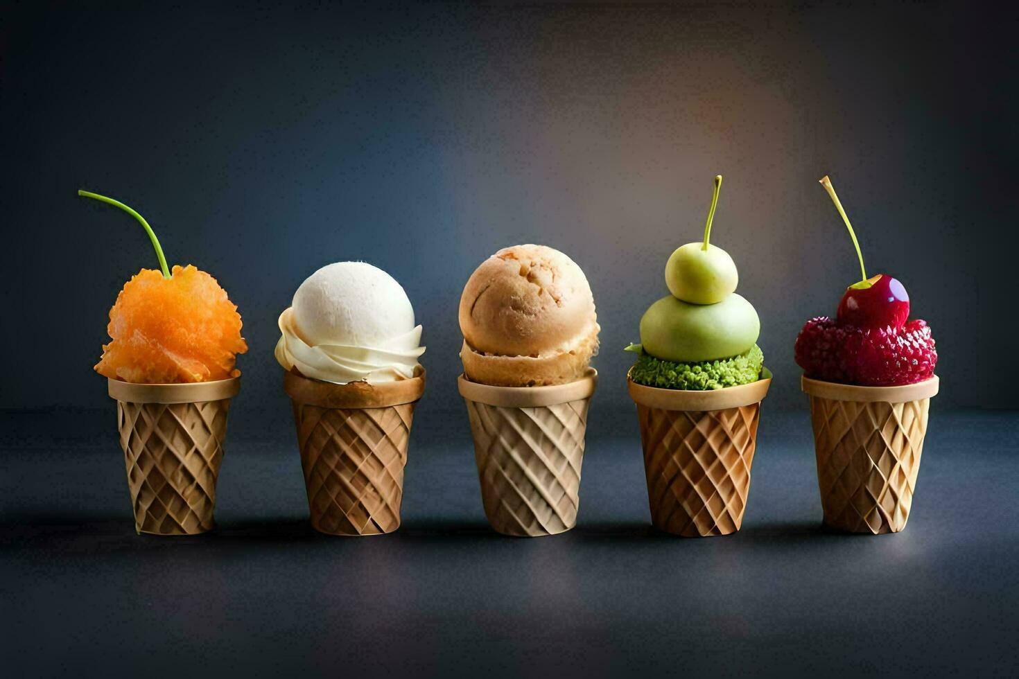 cinco hielo crema conos con diferente sabores generado por ai foto