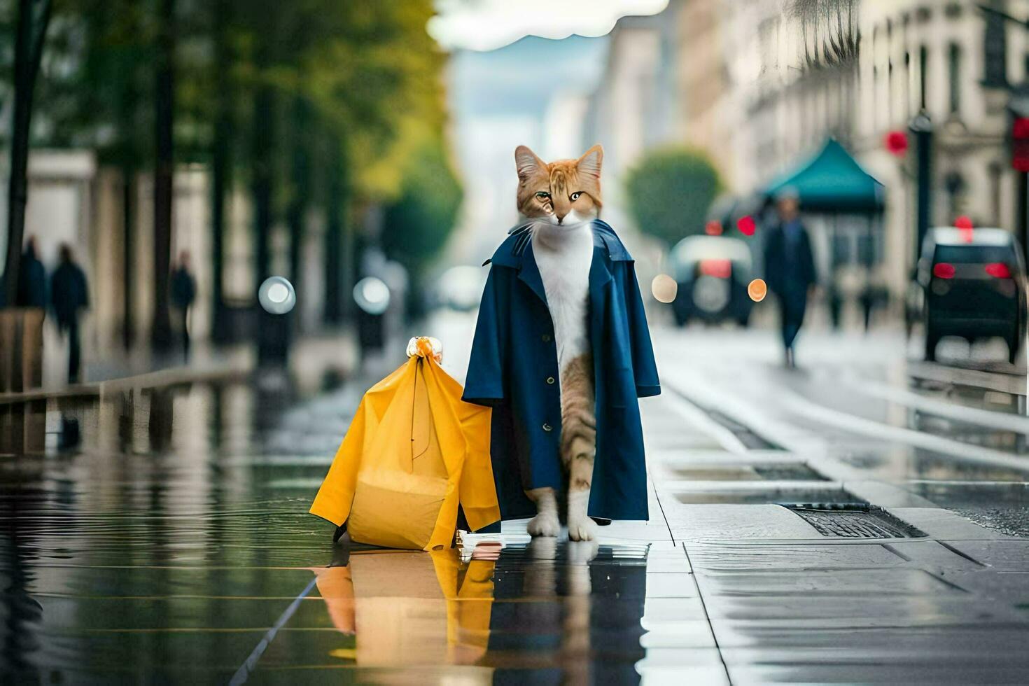 un gato en un Saco y lluvia botas caminando abajo un calle. generado por ai foto