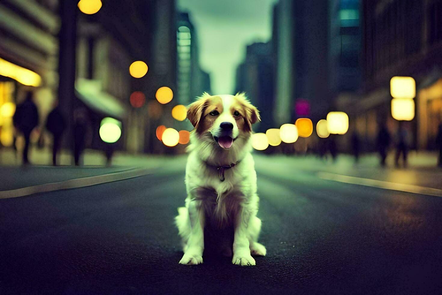 a dog sitting on the street in the city. AI-Generated photo