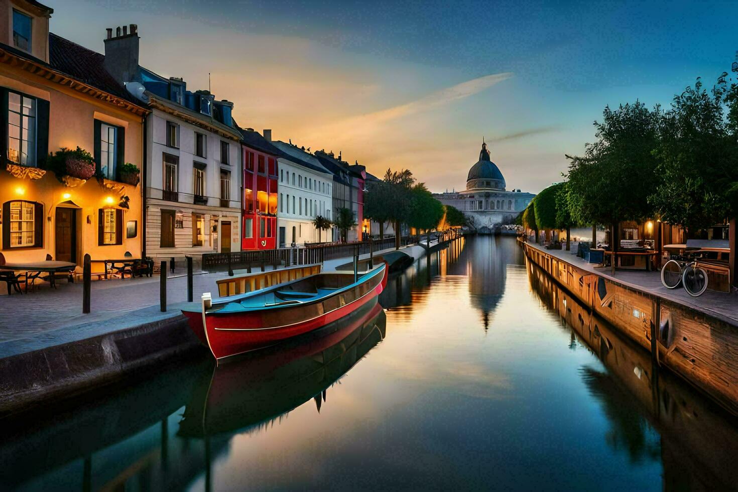 a boat is docked in a canal at sunset. AI-Generated photo