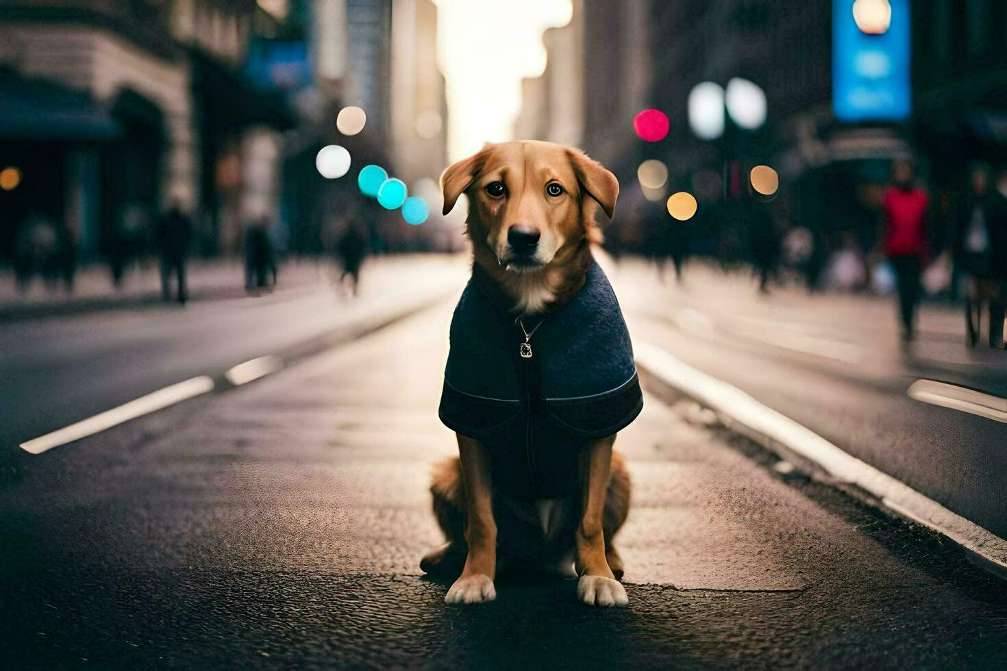 a dog wearing a jacket sitting on the street. AI-Generated photo