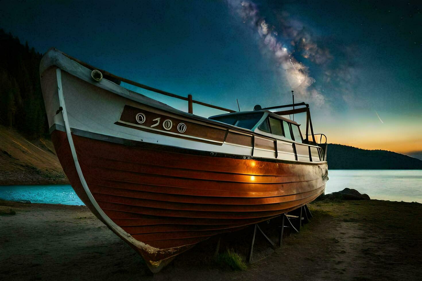 a boat sits on the shore at night. AI-Generated photo