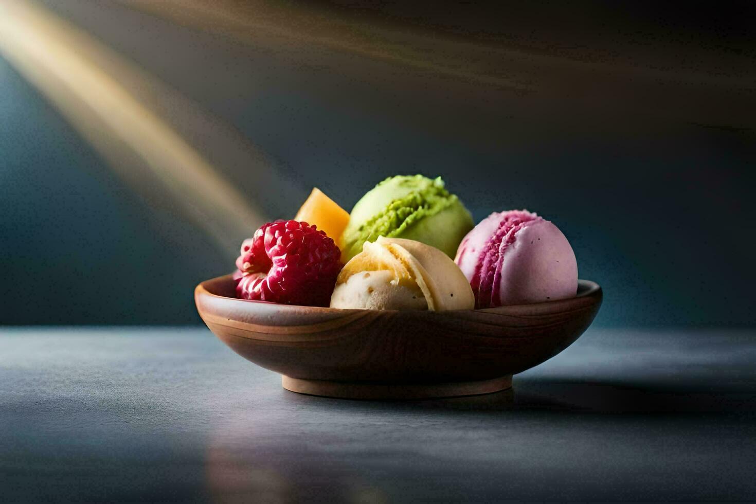 a bowl of different colored ice cream. AI-Generated photo