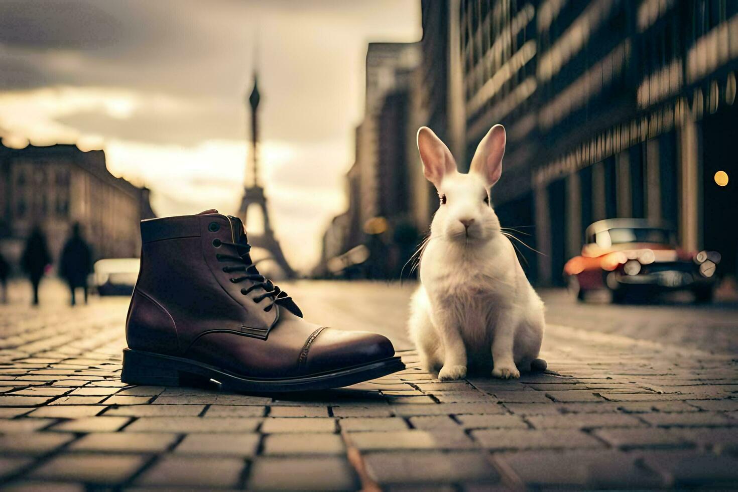 a rabbit sitting next to a pair of brown boots. AI-Generated photo