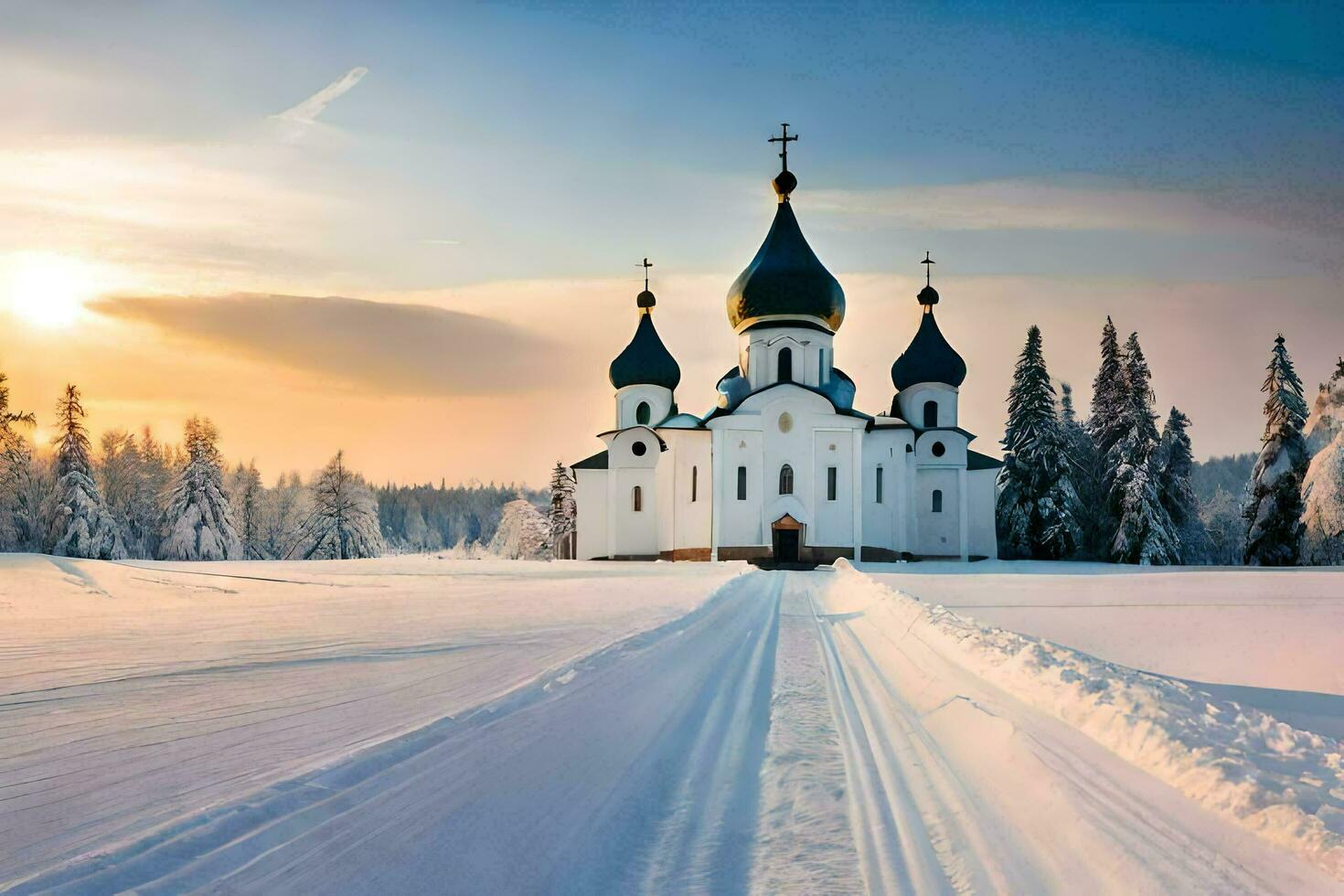 un Iglesia en el nieve con arboles y arboles generado por ai foto