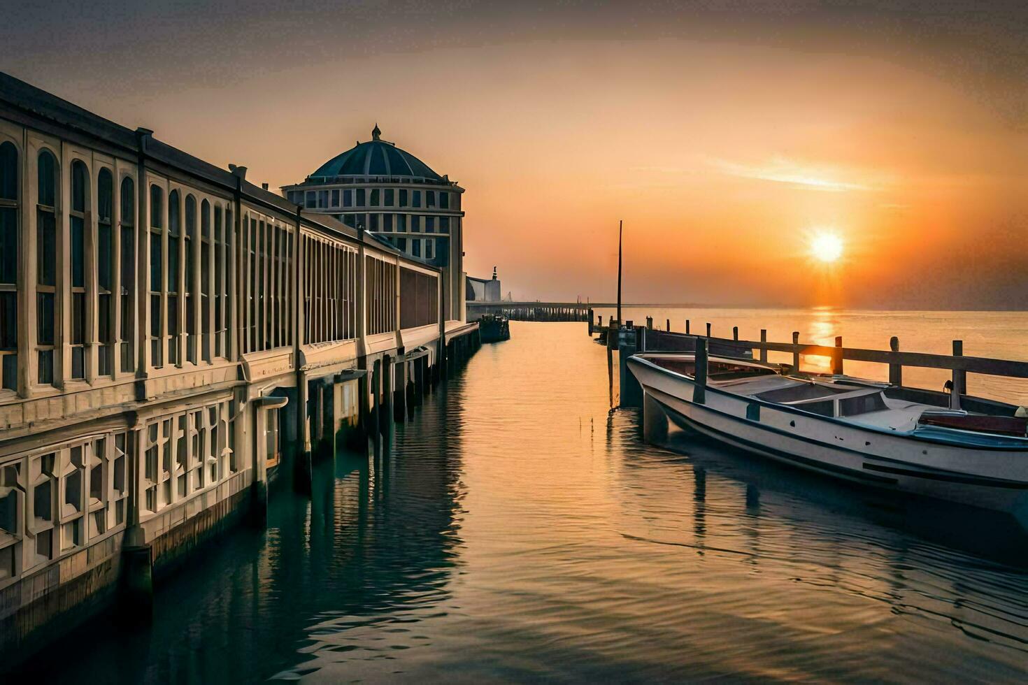 a boat is docked at the end of a pier at sunset. AI-Generated photo