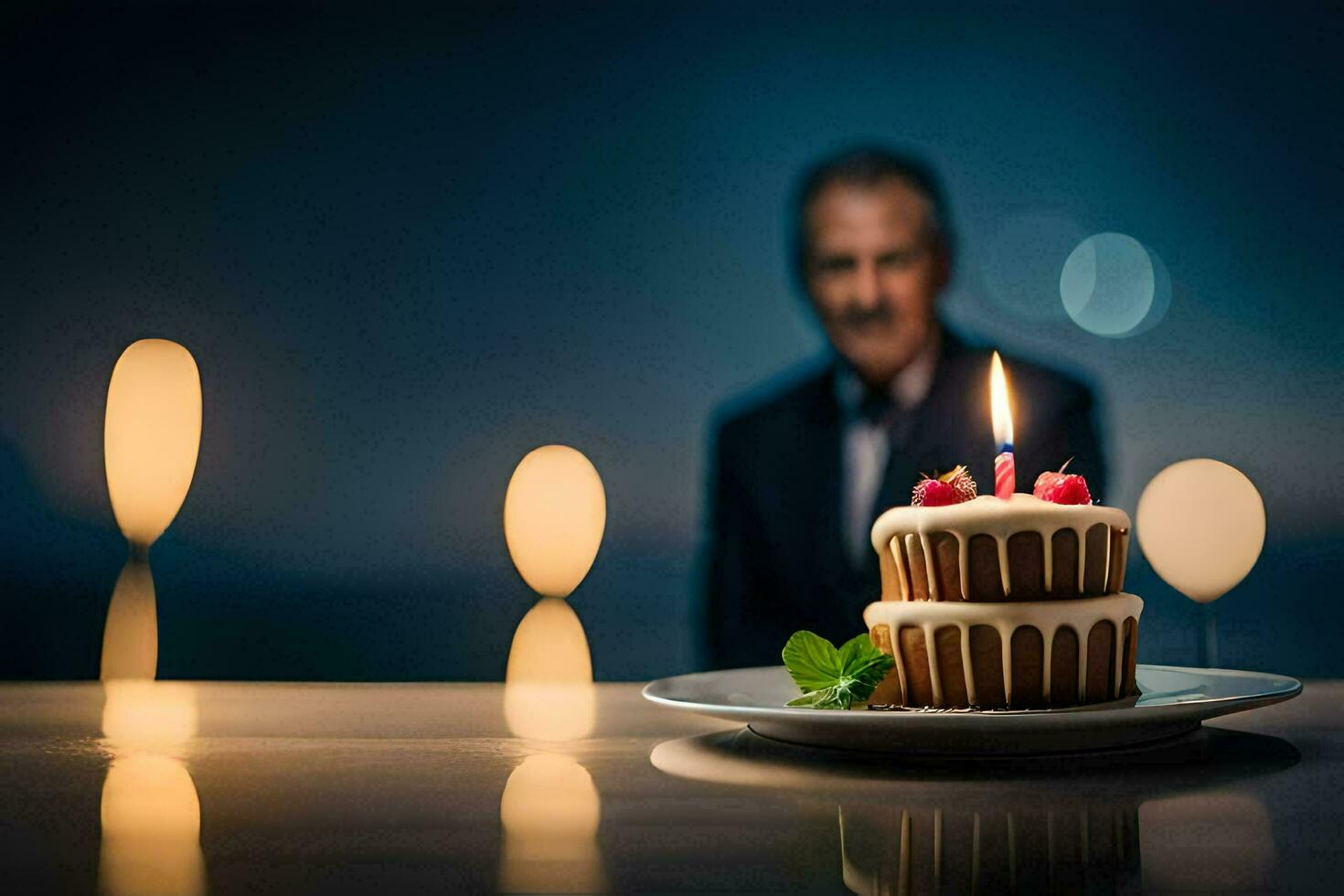 a man in a suit is sitting at a table with a cake. AI-Generated photo