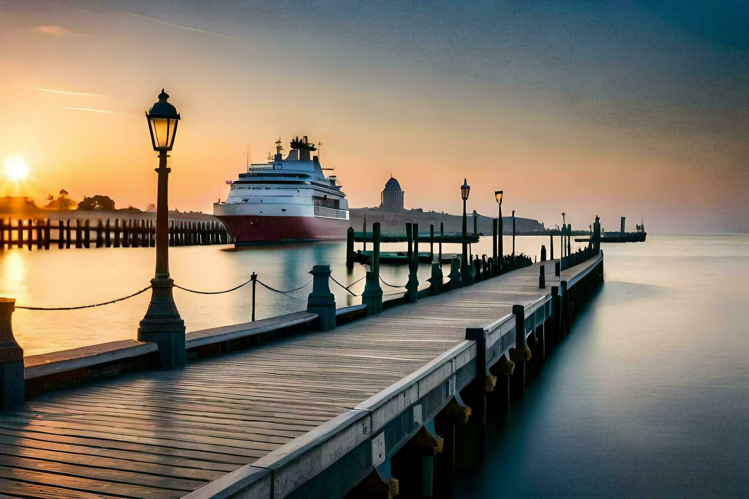 a cruise ship docked at the pier at sunset. AI-Generated photo