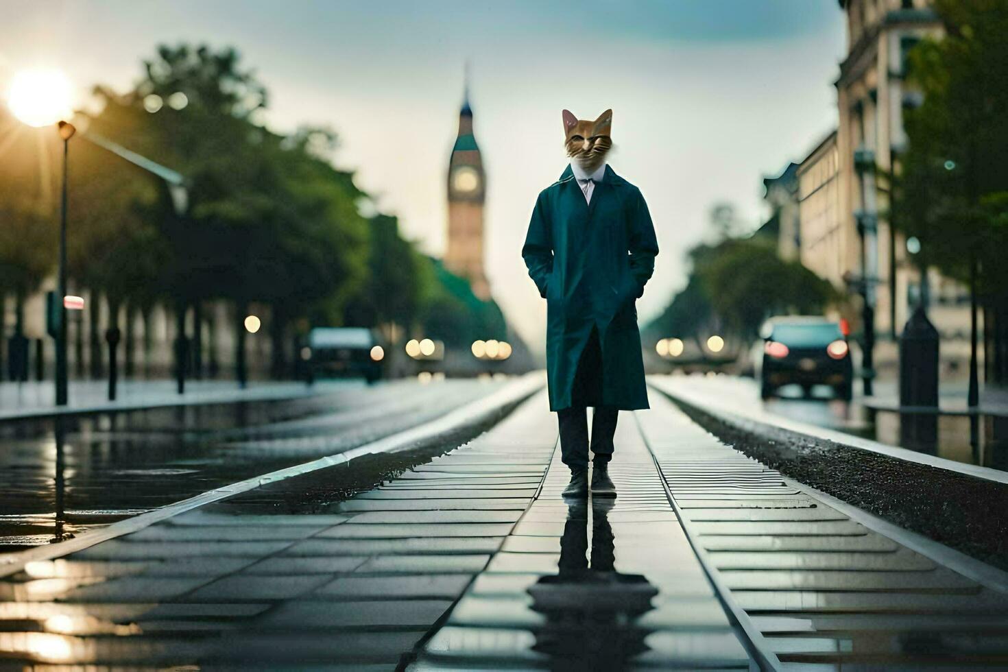 a fox in a suit and tie walking down a street. AI-Generated photo