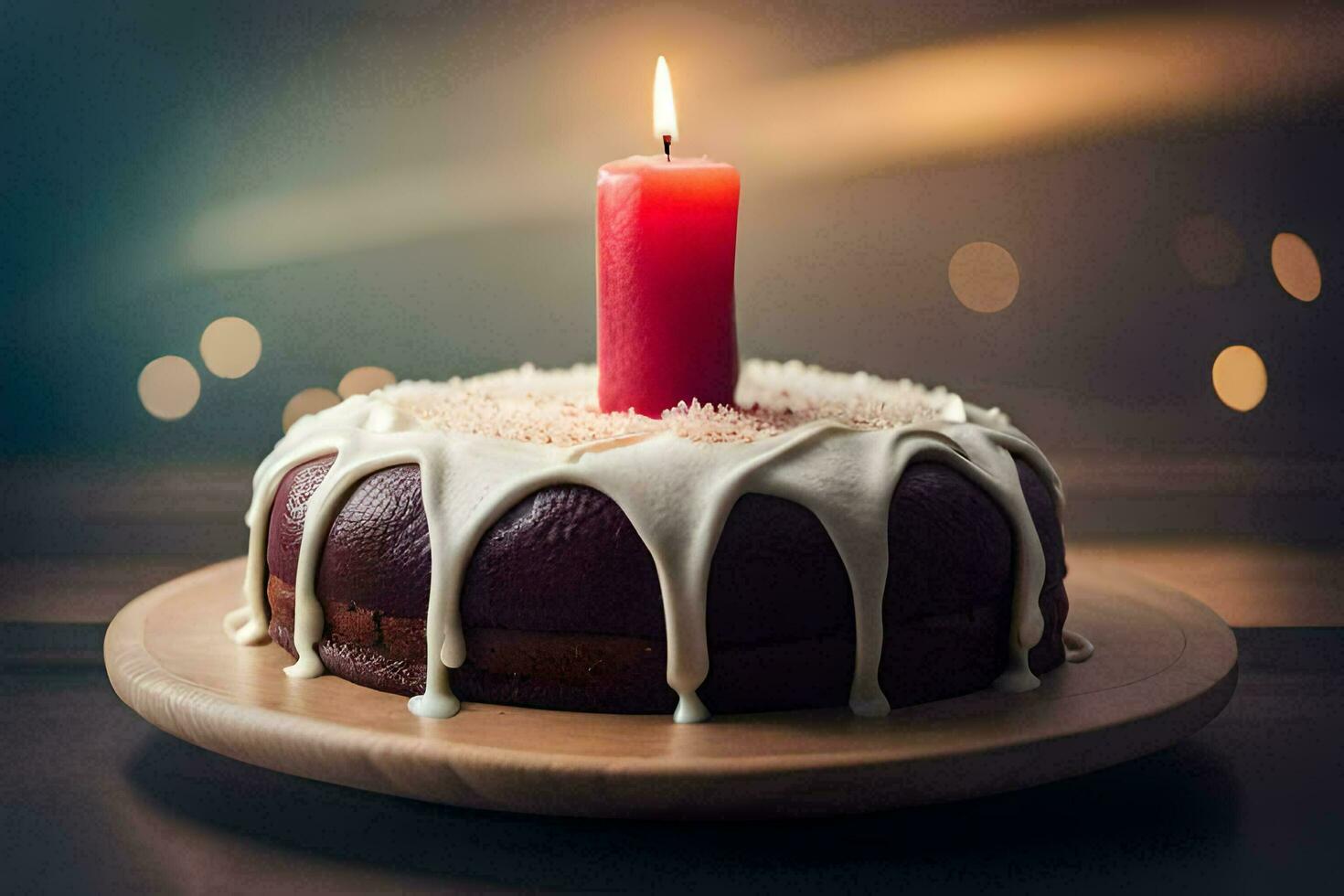 un pastel con un vela en cima. generado por ai foto
