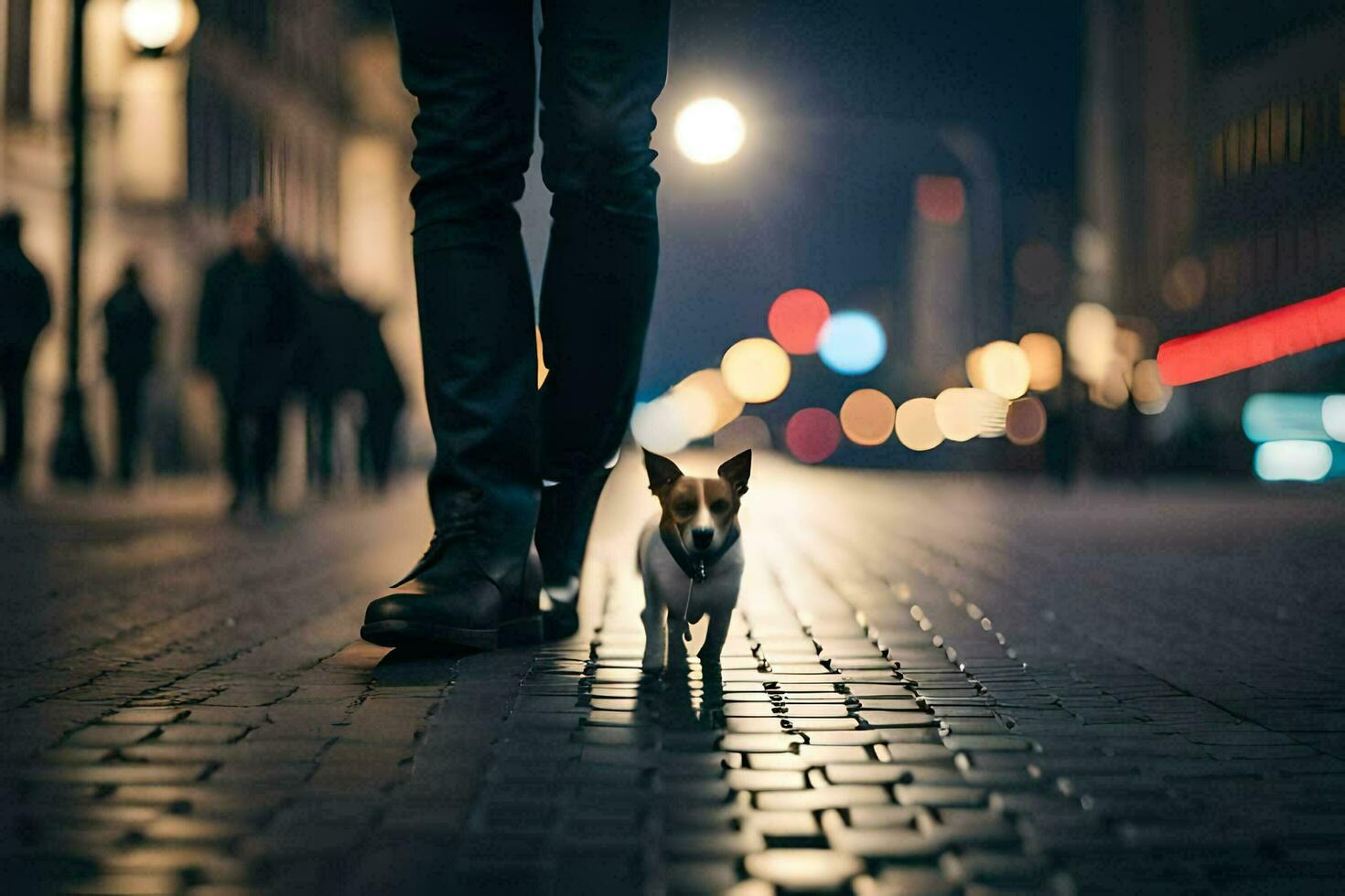 a small dog walking on a street at night. AI-Generated photo