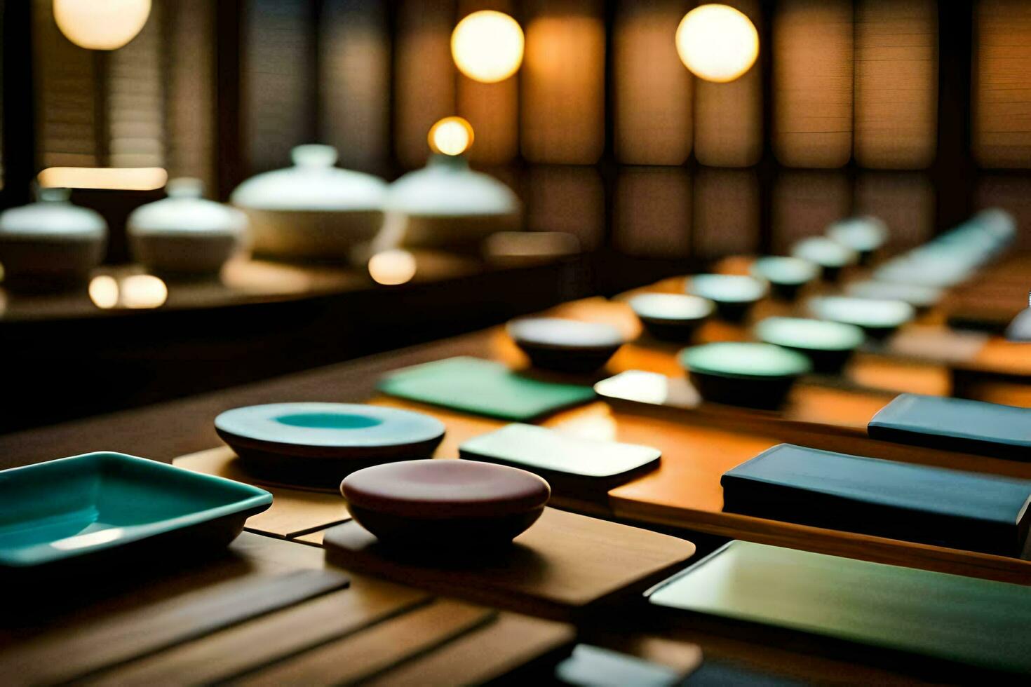 a table with many different colored bowls and plates. AI-Generated photo
