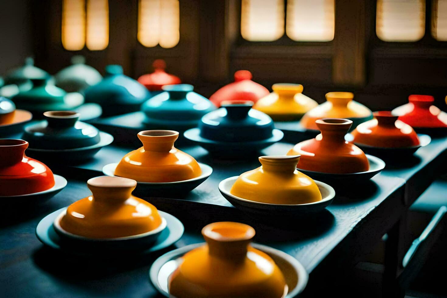 colorful ceramic bowls and vases sit on a table. AI-Generated photo