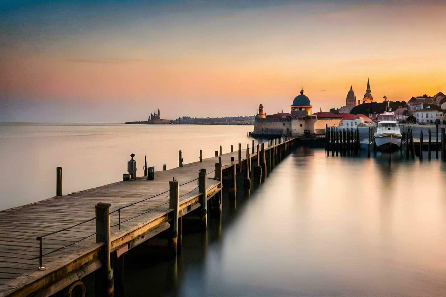 a pier with boats in the water at sunset. AI-Generated photo